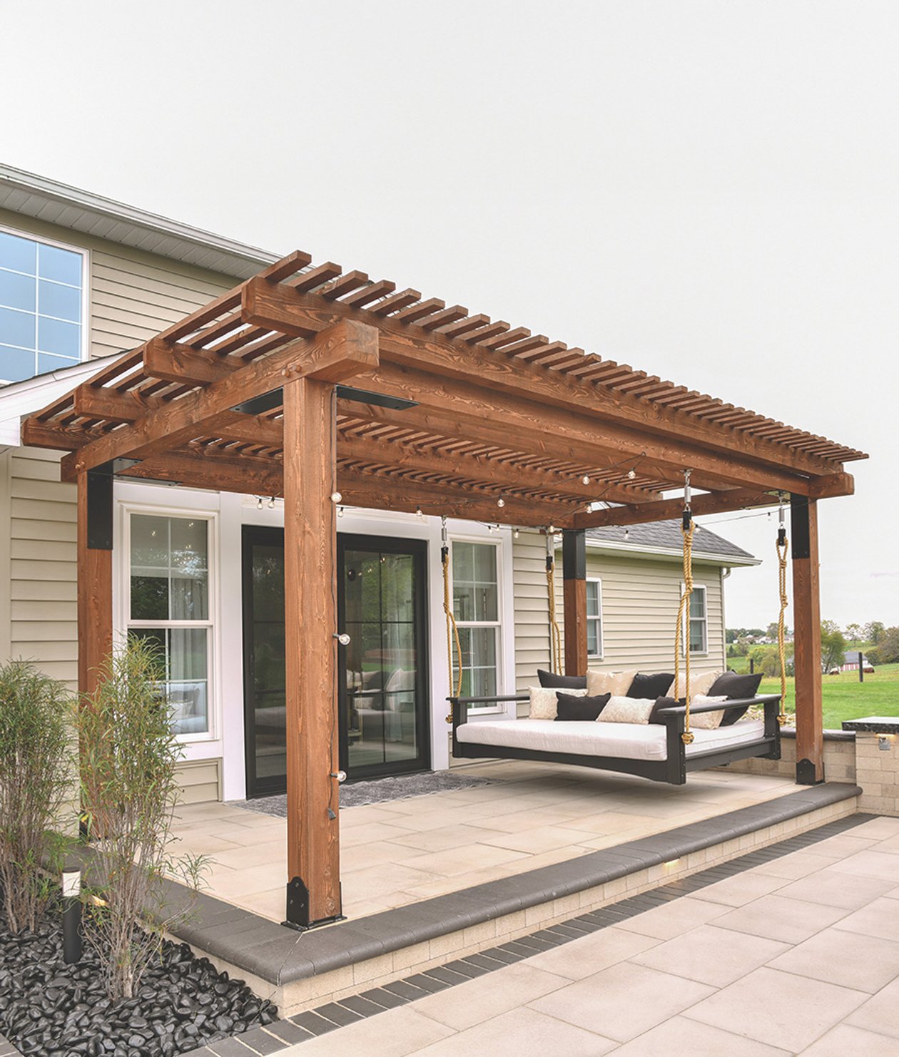 backyard landscape design with timber frame pavilion in Northeast Ohio